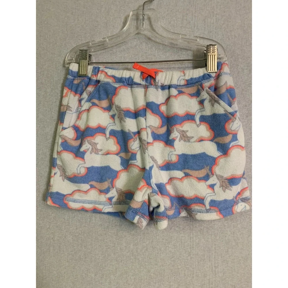 Mini Boden 2pc Outfit Set Girls 10Y Navy Stripe Sequin Top Unicorn Terry Shorts